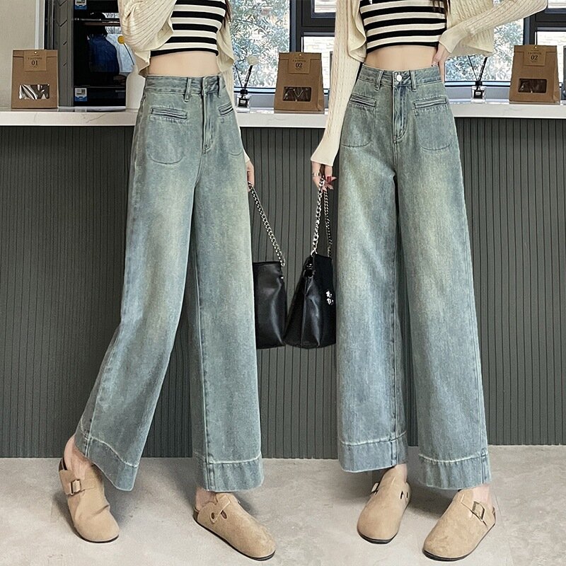 2024 Jeans Women Nine-Pointed Trousers Spring Summer New Slim Wide-Leg Pants American Retro Pants