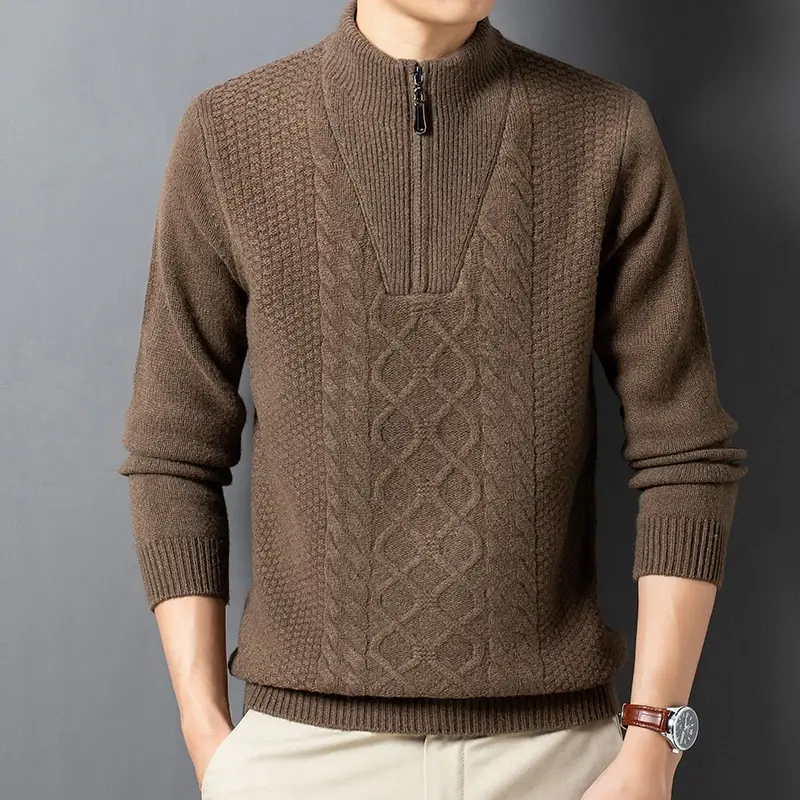 Men's Sweater Winter Thick Needle Twist Line Jacquard Half Turtleneck Zipper Fashion Elegant Knitted Top