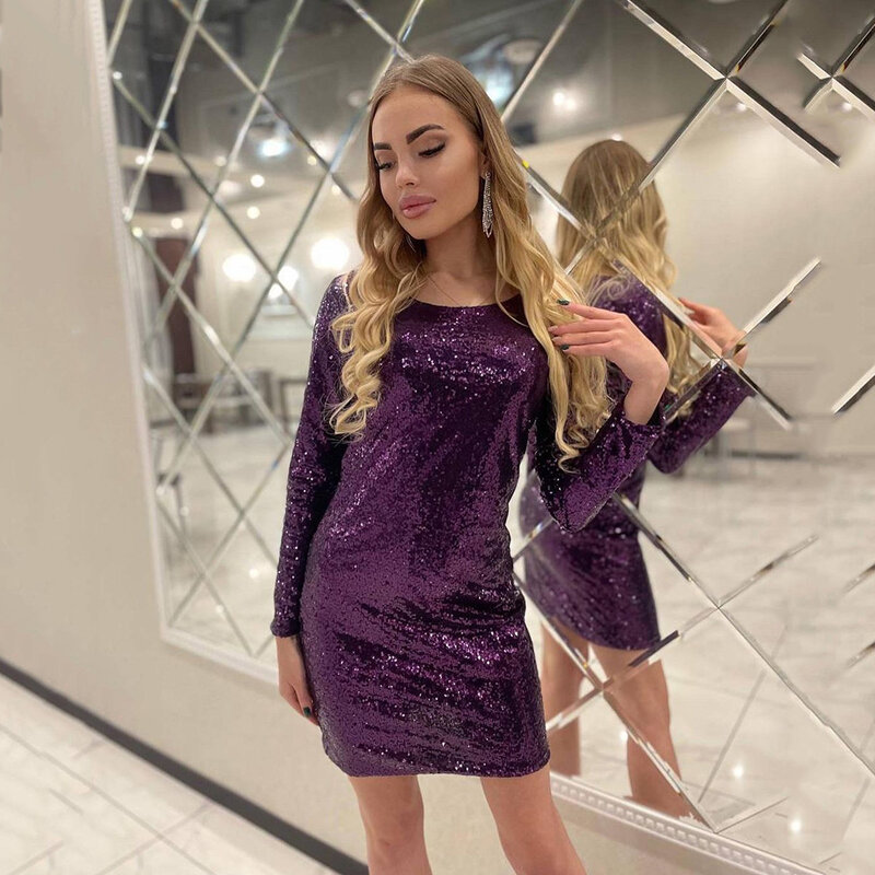 2024 New Women Sequins Sexy Bodycon Prom Dresses Long Sleeve Multi-Color Chic Female Clothing Fashion Lady Nightclub Short Dress