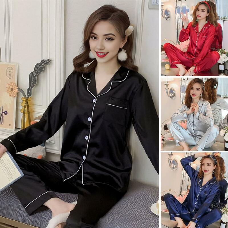 Conjunto de pijama de dos piezas para mujer, ropa de dormir elegante, seda de hielo sedosa, cuello de solapa, camisa de manga larga, ancha