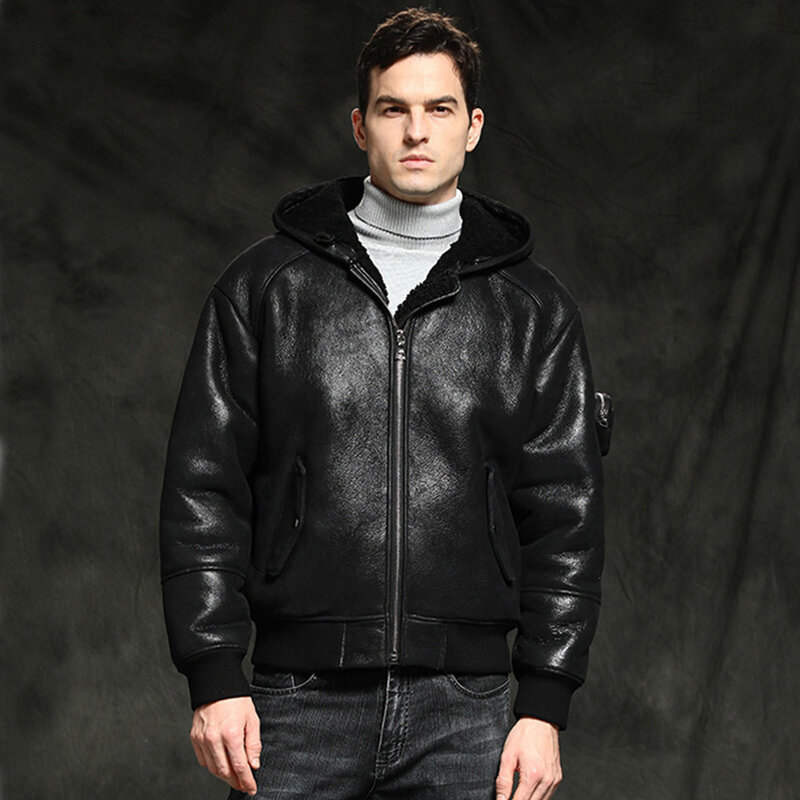 2022 novo com capuz casaco de pele real dos homens inverno quente casual 100% jaqueta de couro genuíno luhayesa nova pele carneiro roupas