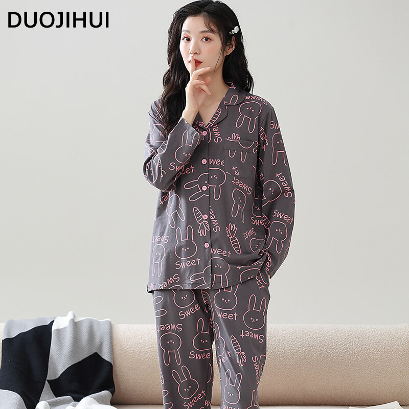 DUOJIHUI-Conjunto de pijama holgado con estampado elegante para mujer, cárdigan básico con botones, pantalón informal Simple, ropa de dormir a la moda