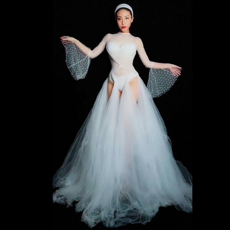 Белое Сетчатое облегающее вечернее платье с жемчужинами для женщин, Привлекательное Женское платье для шоу и представлений, модель W2301029