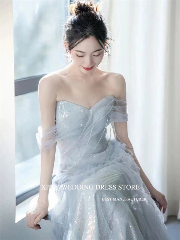 Блестящие вечерние платья-русалки XPAY, корейский стиль, с открытыми плечами, со шлейфом, длинные наряды для выпускного вечера, длинное вечернее платье