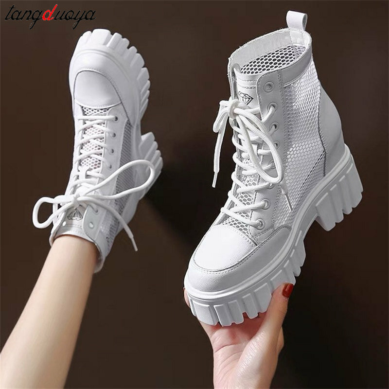British Style Fashion Cool Boots Women's 2024 Summer New mesh Breathable High Tube Lace-up Boots Women's Chunky Platform Shoes
