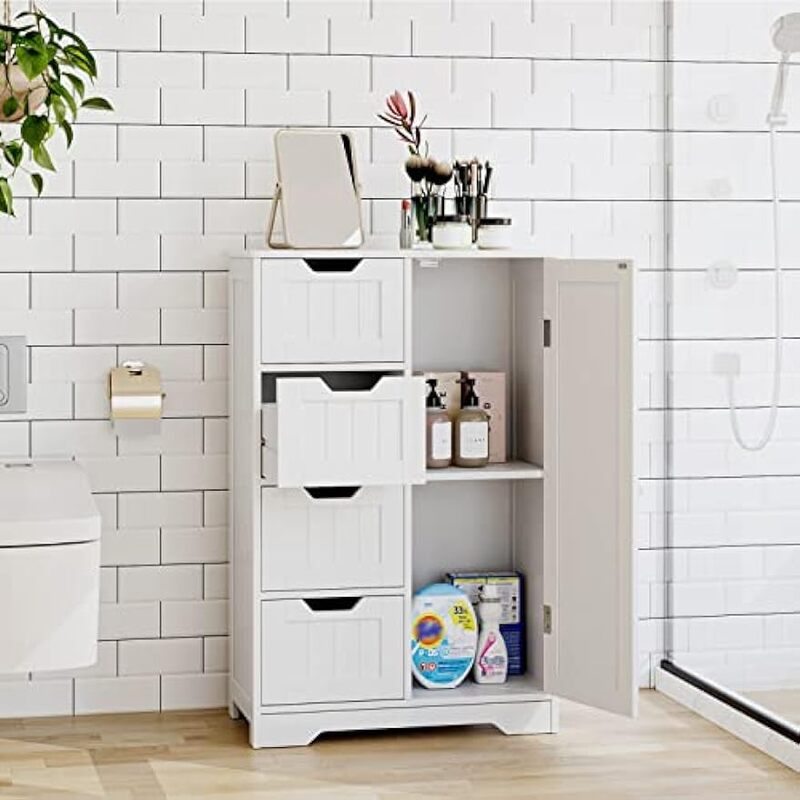 Bathroom floor cabinet, freestanding locker with 4 drawers and 1 cabinet, adjustable shelves
