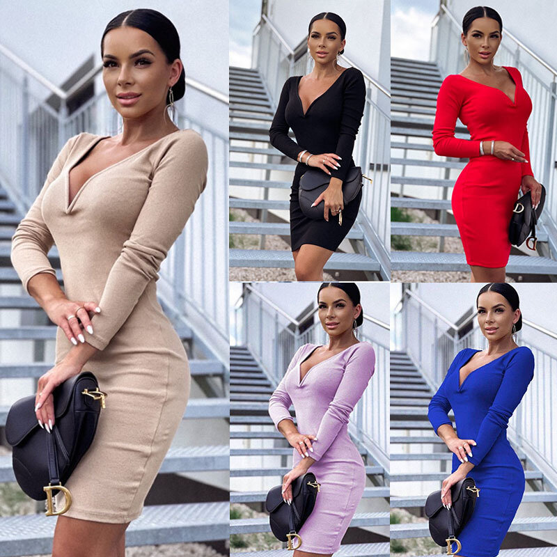 2024 Spring New Solid Color Slim Mini Dresses Women Sexy V-neck Package Hip Bodycon Long Sleeve Dress Temperament Lady Vestidos