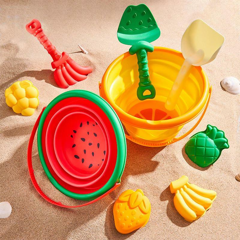 Jouets de plage d'extérieur pour enfants, pelle amusante, moule à fruits, ensemble de rangement pliable, outil de creusement de sable, jouets de sable E27, 8 pièces