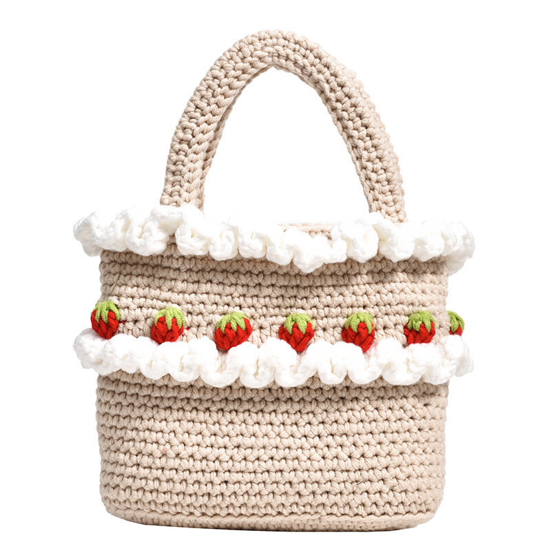 Novo verão caqui balde tecido saco seaside férias praia morango tricô bolsa piquenique feminino lazer crochê cesta saco