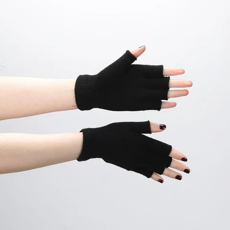 ใหม่สีดำสั้นครึ่งนิ้ว Fingerless ถักถุงมือข้อมือฤดูหนาวยืดถุงมือทำงานสำหรับสตรีและผู้ชายอุปกรณ์เสริม