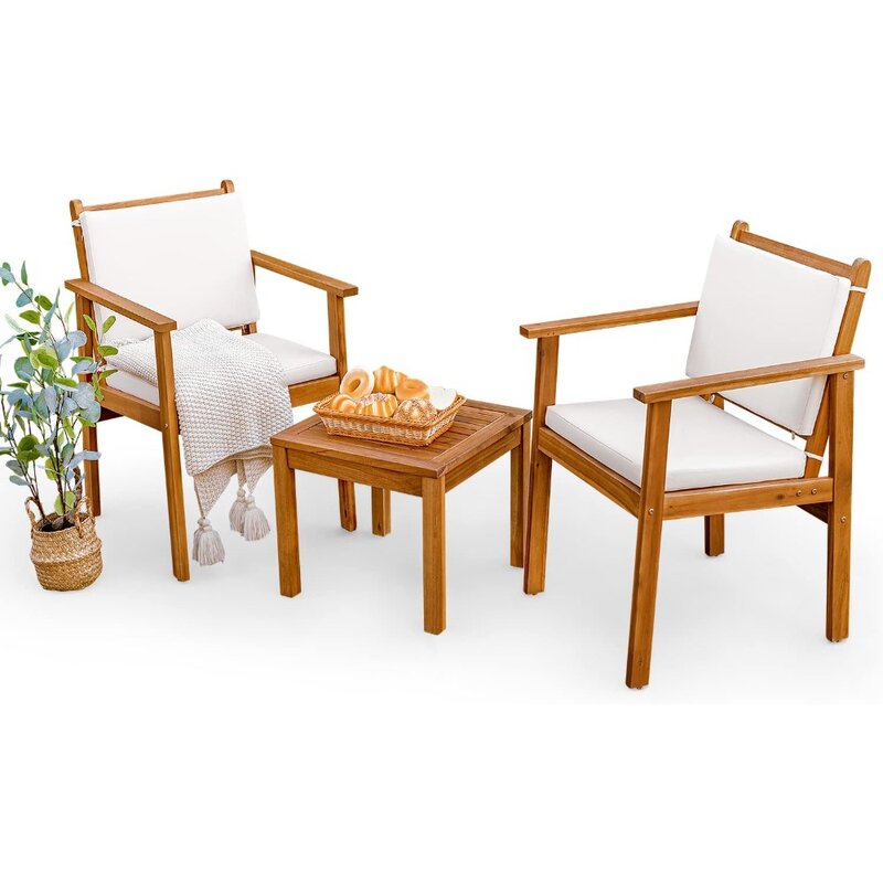 3 Piece Bistro Patio Furniture Outdoor Chat Chair Set with Water Resistant Cushions and Coffee Table for Beach Backyard Garden