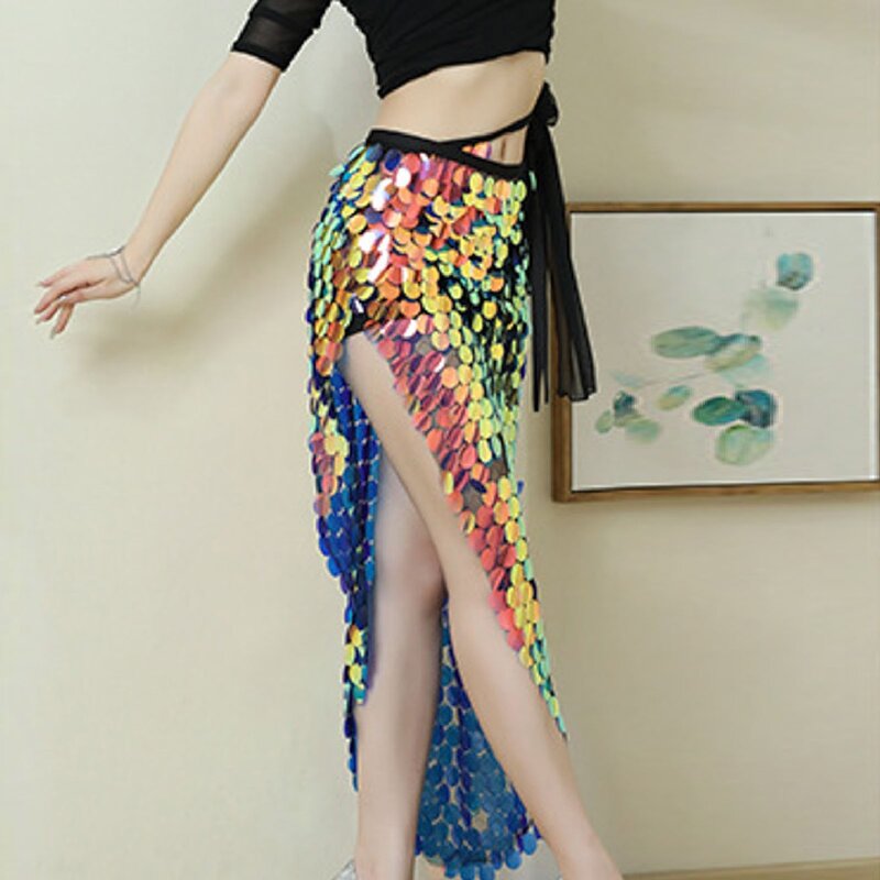 Sparkly Beaded Sequin Half Skirt Sexy Side Slit High Waist Belly Dance Mermaid Hip Scarf Lace Up Skirts Nighclub Party Costumes