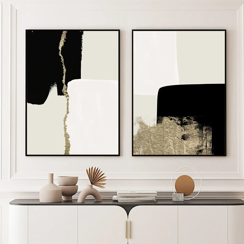 Modern Abstract Beige Black Gold Minimalist Posters Wall Art Canvas Paintings Print Picture Living Room Interior Home Decoration