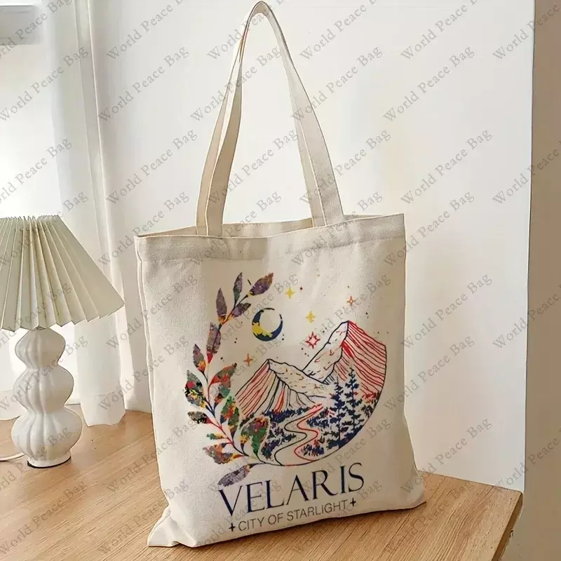 FD02  Velaris City Of Starlight Pattern Tote Bag, Casual Canvas Shopping Bag Shoulder Bag