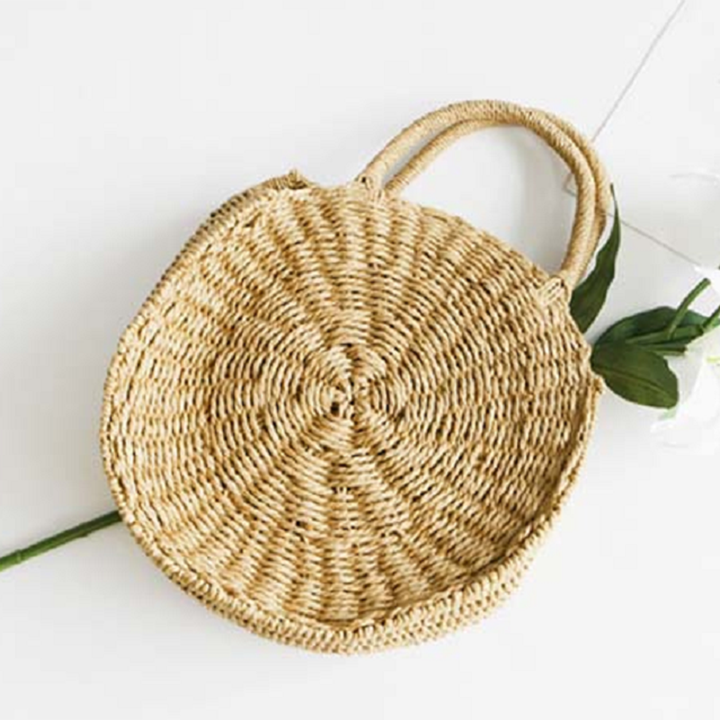 女性のためのボヘミアンスタイルのストローバッグ,女の子のための丸い手織りの夏のビーチバッグ