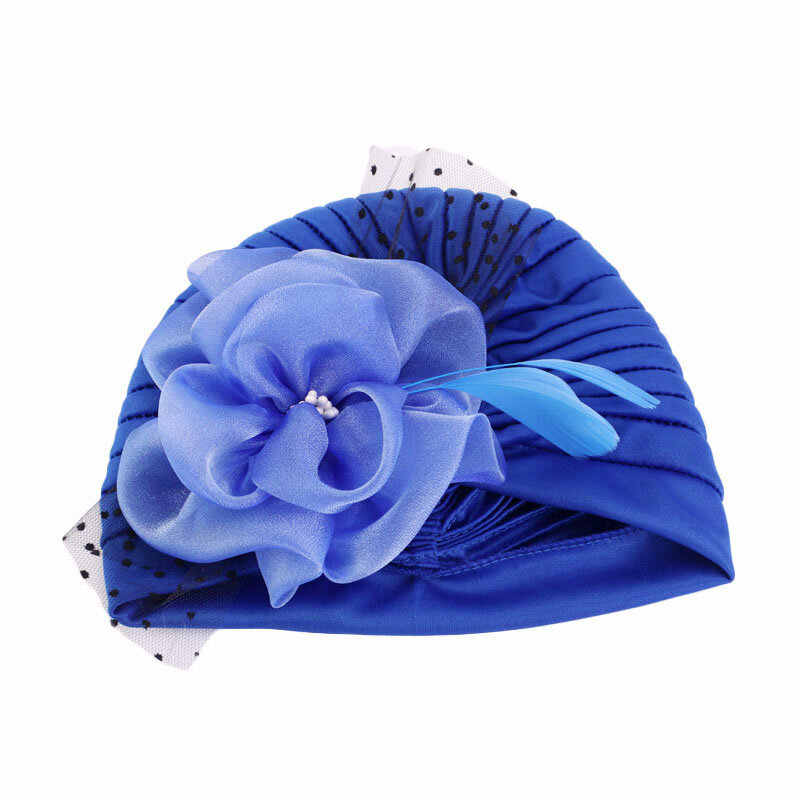 Lastest Feather Flower Turban Bonnet for Women Muslim Hijab Headscarf Caps Wedding Party Headwear Turbante Mujer African Headtie