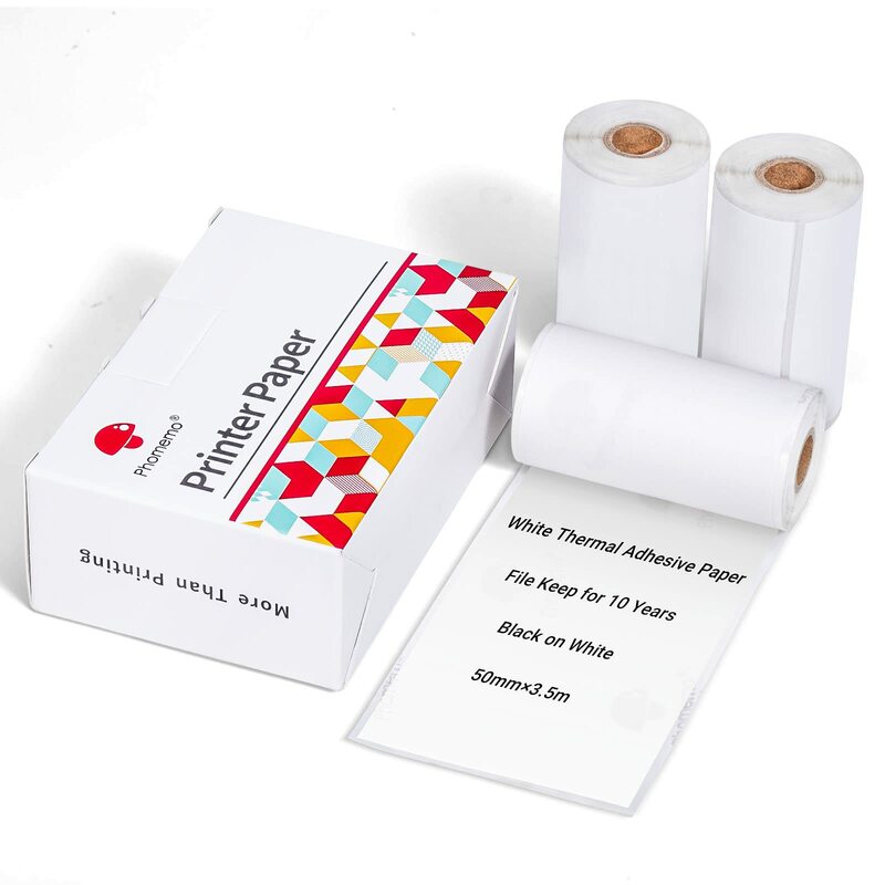 Papier thermique blanc collant T02 pour Phomemo T02 Mini imprimante de poche auto-adhésif Paper-10-Years-50mmx3.5m papier blanc 3 rouleaux