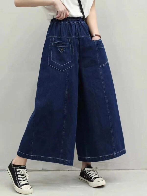 Pantalones de mezclilla de pierna ancha para mujer, jeans sueltos con bolsillo, estilo japonés, Vintage, cintura elástica, algodón azul, verano y otoño