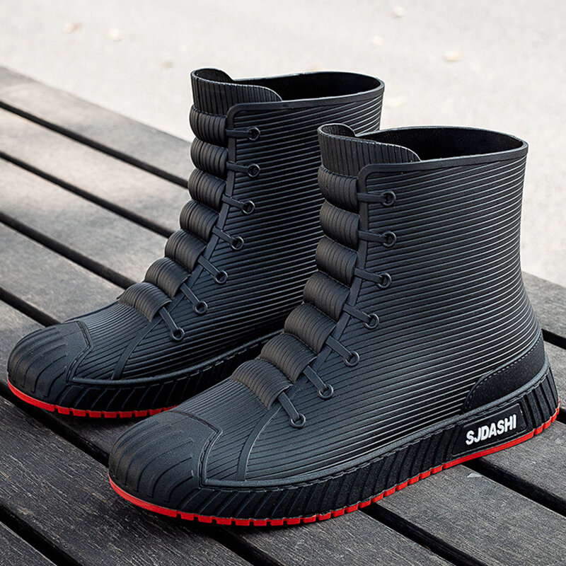 Botas de lluvia de goma para hombre, zapatos de trabajo media pantorrilla impermeables de, cómodos, antideslizantes, Color Rojo