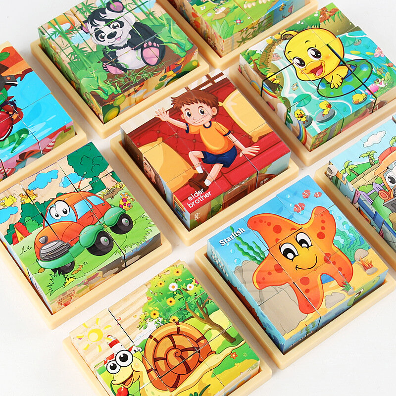 Mainan puzzle kayu kubus 3D anak-anak, sembilan buah nampan blok kayu enam sisi, mainan puzzle pendidikan anak-anak Montessori