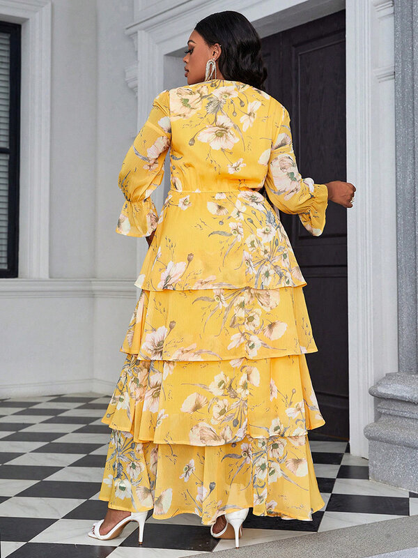 TOLEEN-Vestido de dama de honra feminino estampado floral babado manga chiffon, roupas plus size primavera verão, camada bainha, elegante, novo, 2022