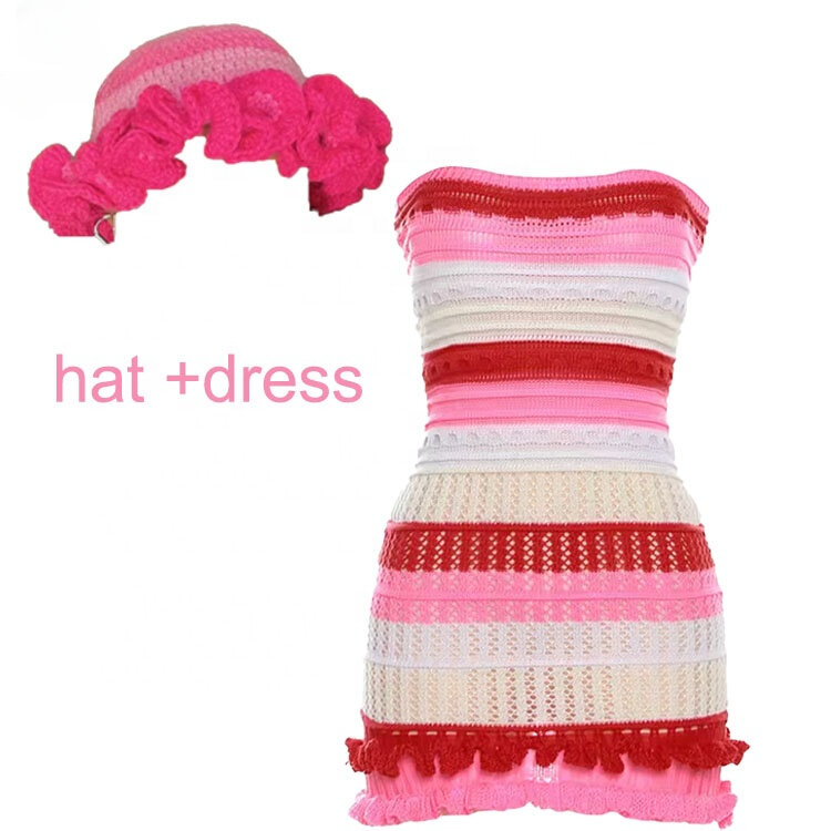 Setelan pakaian rajut wanita, setelan topi dan rok Mini kasual modis tanpa tali 2 potong