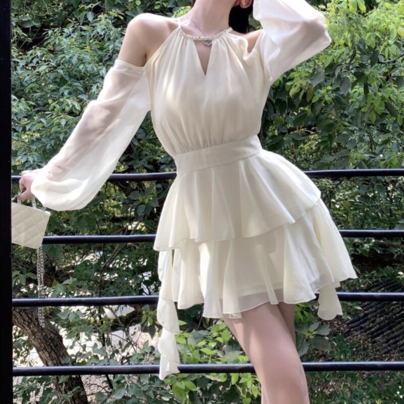 HOUZHOU gaun mewah elegan untuk wanita gaun sifon kasual Fairycore rok pendek manis mode musim panas gaun Mini putih ramping