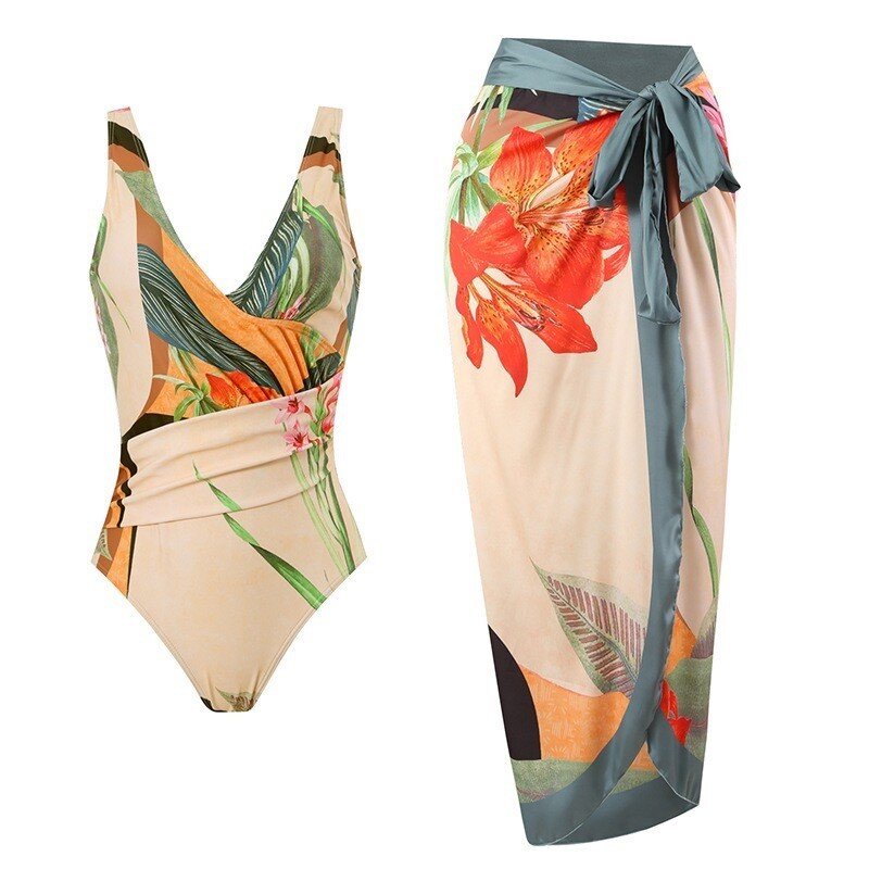 Long Skirt Swimsuit Two Piece Sexy Women's Bikini Beach Skirt Suit Summer Fashion Print Tight Wrap Chest One Piece Swimsuit Suit