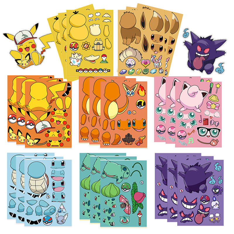 Pokemon Face Puzzle Sticker para Crianças, DIY, Anime Engraçado, Pikachu, Montar Adesivos, Brinquedos para Crianças, Presentes para Meninos e Meninas, 32 Folhas