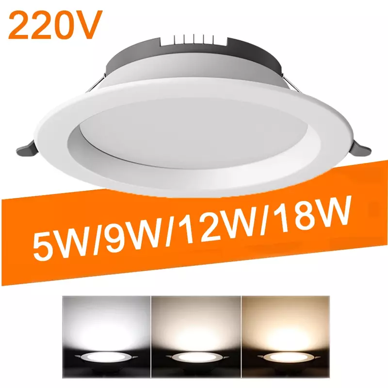 Lampu plafon LED bulat tersembunyi, cahaya bawah ruangan 5W 9W 12W 18W, pencahayaan AC 220V-240V dalam ruangan putih hangat putih dingin dalam ruangan