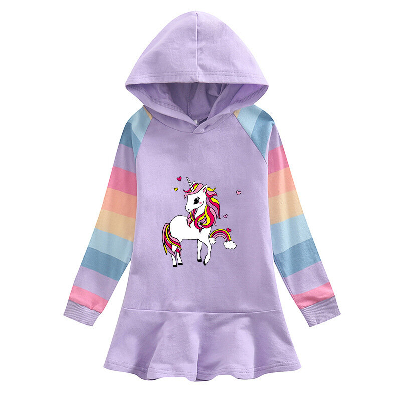2024 Spring Autumn New Girls Dress stripe Cartoon unicorn Girls Dress Children's Long Sleeve Hooded Sweater Princess Dress2-8Y