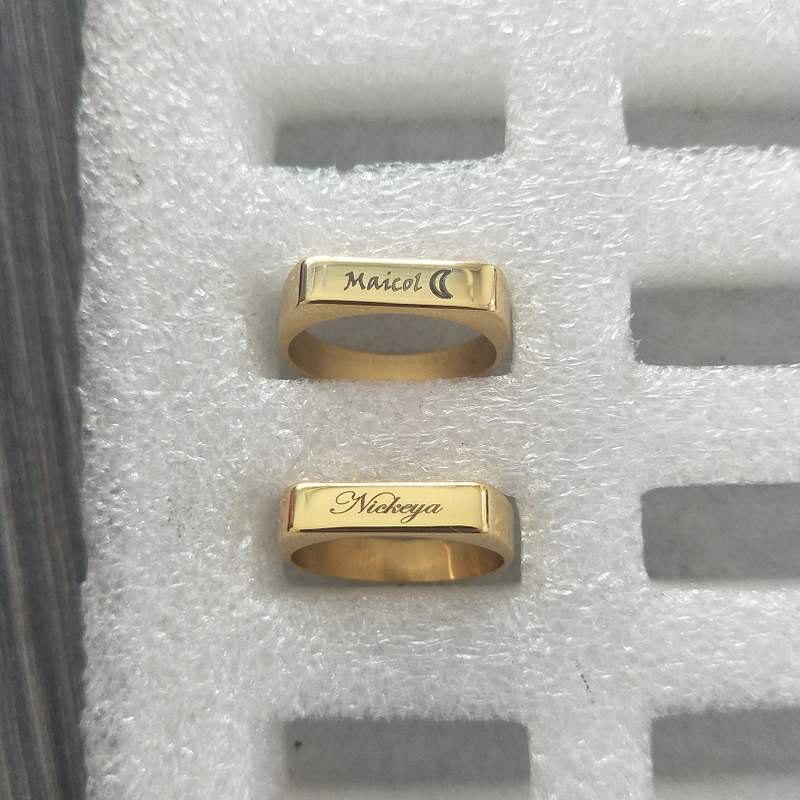Nome personalizado anéis de ouro cor de aço inoxidável símbolo quadrado dedo jóias para presente de aniversário masculino feminino