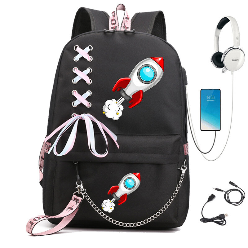 여아용 우주 로켓 만화 배낭 가방, 고등학교 배낭, 대학생 배낭, USB 충전, Mochila Escolar