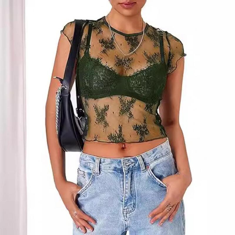 Stylish See-through Top Sexy Lace Mesh Crop Top for Women Sheer Crewneck Short Sleeve Blouse Breathable See Through for Parties