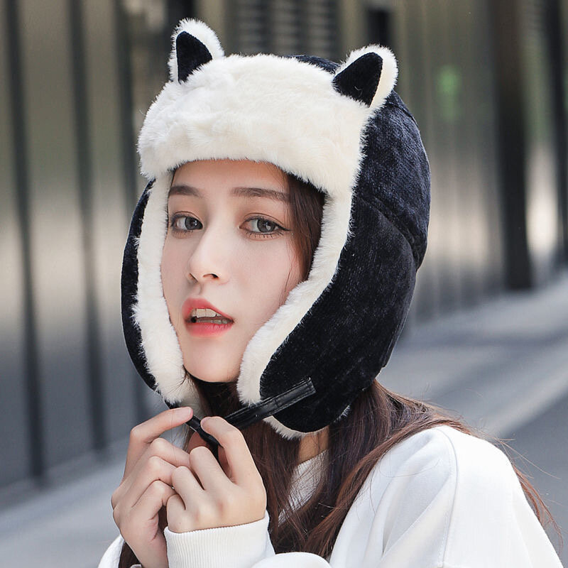 Chapéu de orelhas feminino, Earmuffs de gato, boné de algodão pelúcia de caxemira, espesso, frio, quente, russo, inverno