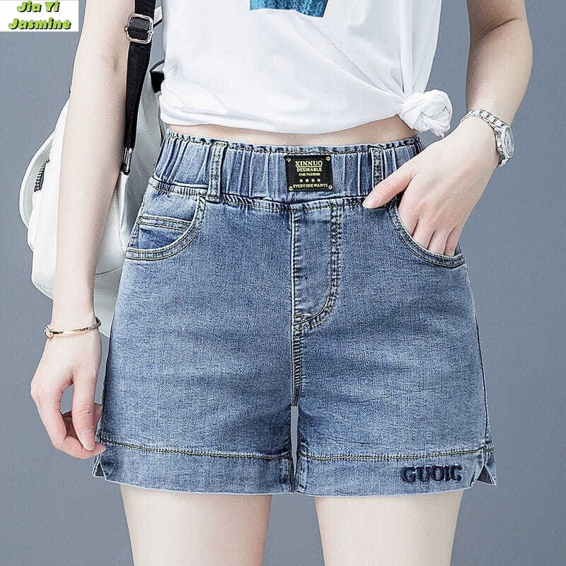 Shorts jeans de cintura alta para mulheres, edição coreana, tamanho grande, fino, elástico, calça larga, calça quente bordada, verão, novo, 2022