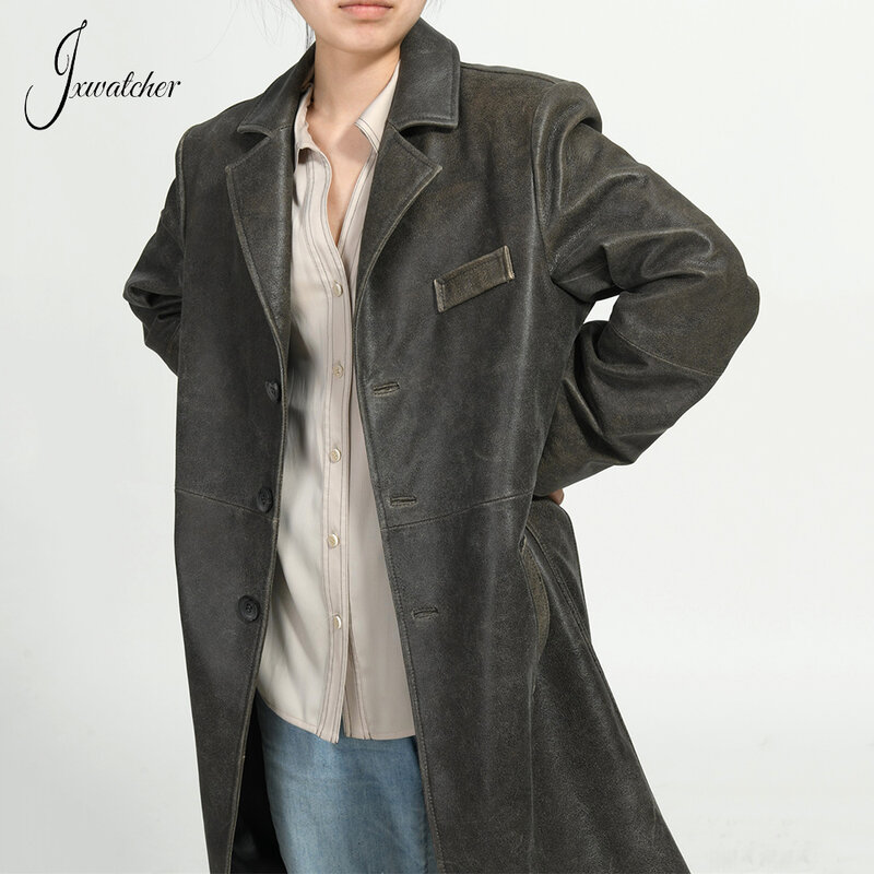 Jxwatcher Sheepskin Coat for Women 2024 Spring Real Leather Trench Coats Ladies Genuine Leather Long Jacket Fashion Overcoat New