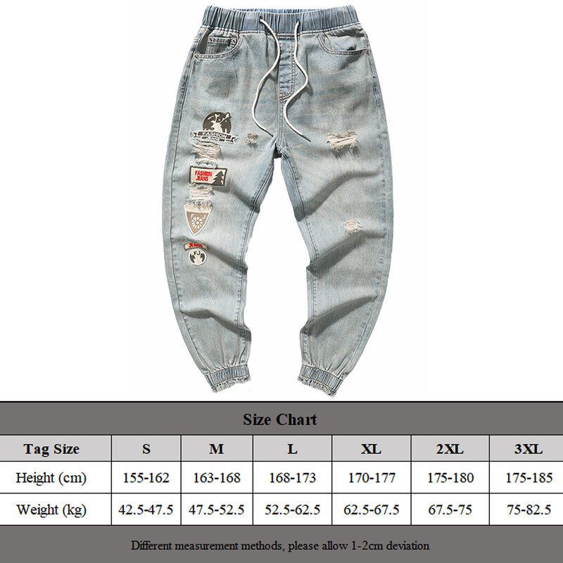 Jeans rasgado regular estampado masculino, leve estiramento para todas as estações, coreano versátil, 50% poliéster + 50% algodão quebrado