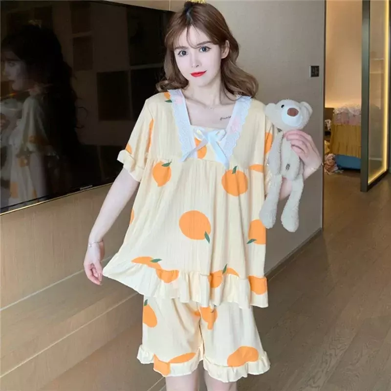2024 Ladies Pajamas Women Summer Short-Sleeved Pyjamas Students Thin Section Lace Leisure Can Be Worn Outside the Home Clothing