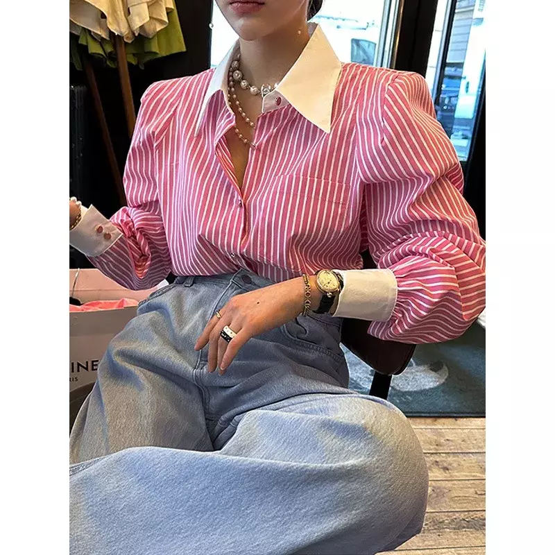 Camisas elegantes para mujer, blusa informal de manga larga con cuello vuelto, moda coreana a rayas rojas para oficina