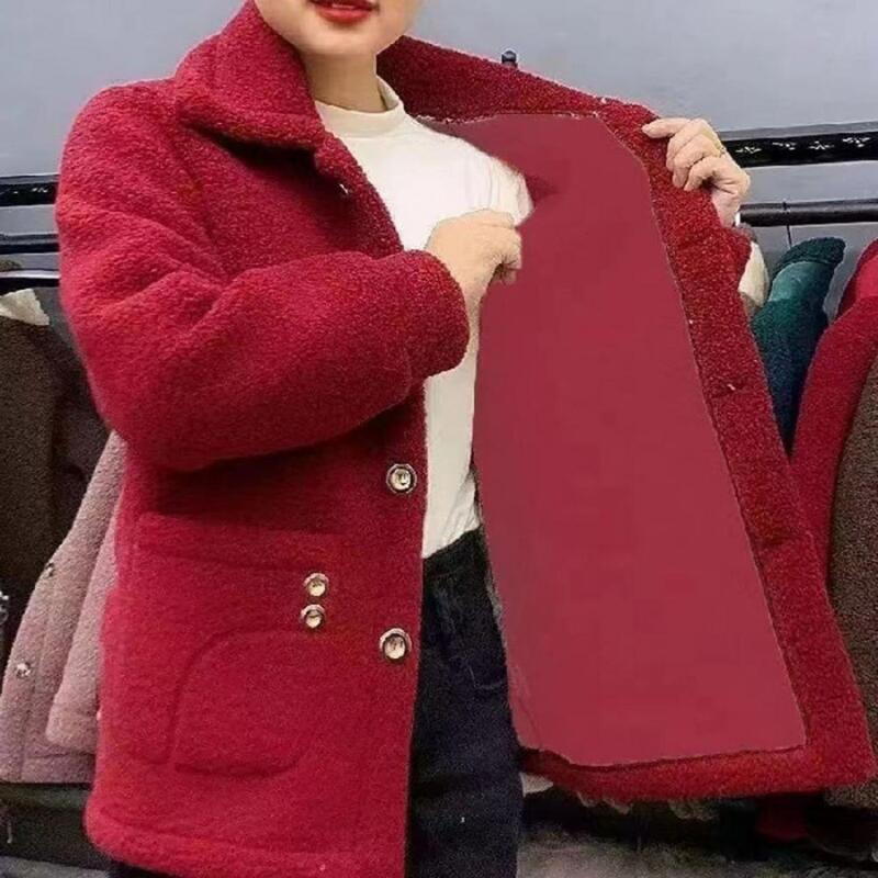 1 buah mantel warna polos wanita Lapel dengan mantel wanita beroda tunggal mewah tahan kehangatan antik mantel musim dingin wanita untuk luar ruangan