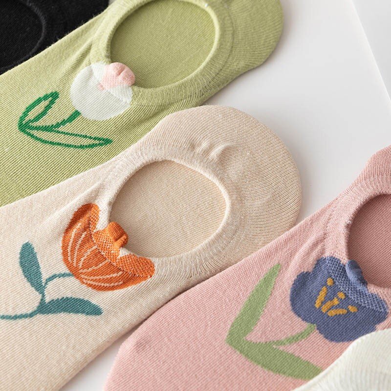 Chaussettes basses respirantes coordonnantes en silicone pour femmes, chaussettes invisibles, Kawaii, fleur 3D, confortables, mode, 1A104