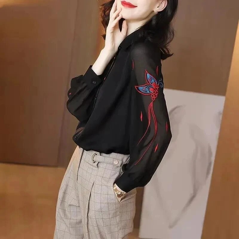 2024 New spring summer Black Chiffon Embroidered Shirt Women's Long Sleeved Loose Cardigan Blouse Thin Female Shirts Tops 4XL