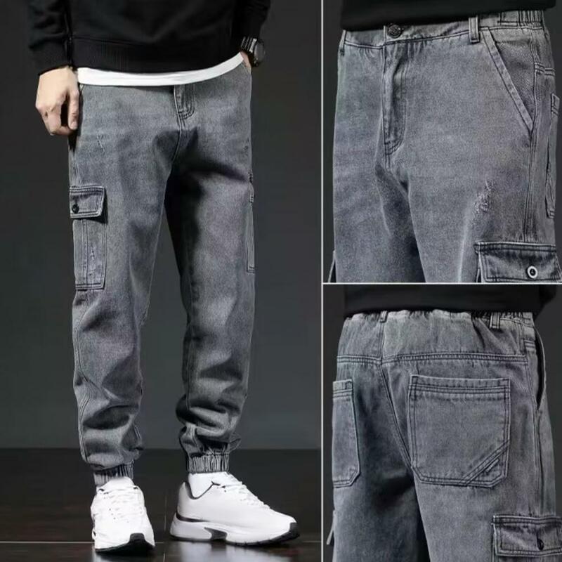 Calça cargo cintura média masculina, multi bolsos elásticos, com bandas de tornozelo, confortável, streetwear retrô, plus size