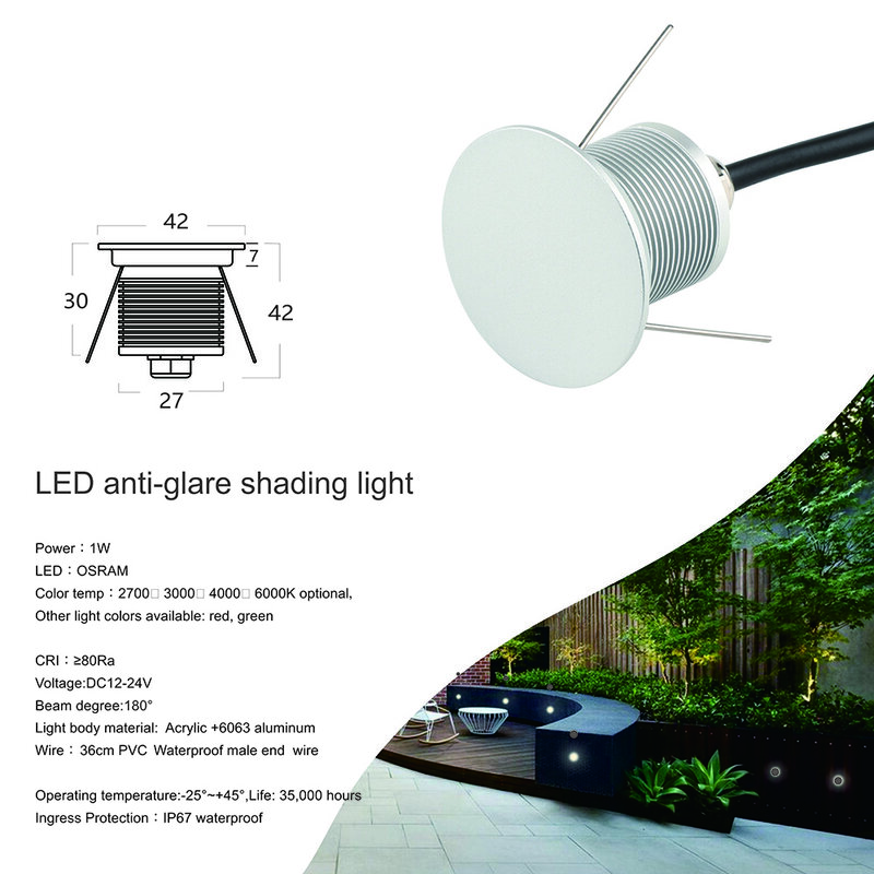 Impermeável Recesso LED Lâmpada de parede para Home Garden, Rodada Outdoor Gangway Lâmpadas, Escadas Lâmpadas de parede, 1W, 12V-24V, IP67