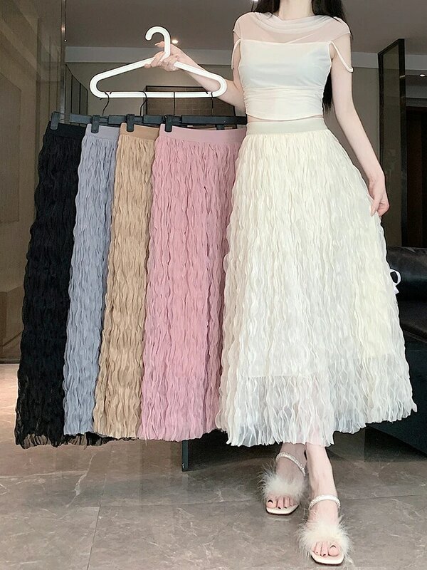 Zoki Chic Tulle Folds Long Skirt Women Elegant High Waist Sweet Skirts Summer Fashion Casual Mesh Design Solid Female Long Skirt