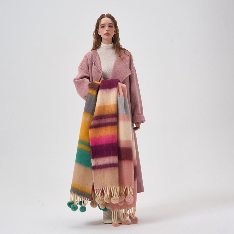 Sciarpa a sfera di lana fatta a mano colorata arcobaleno a righe Mohair Cashmere inverno scialle addensato fascia da collo sciarpa calda accessori per coppie