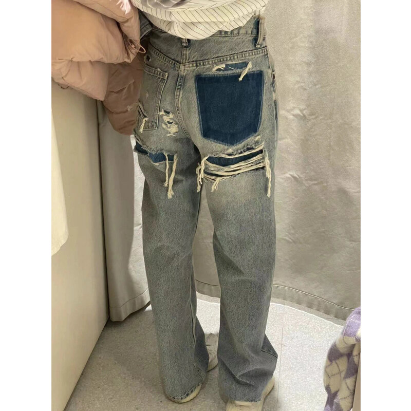 TAOP & ZA-Jeans com efeito lavado de bolso traseiro para mulheres, solto meio de crescimento, decoração de furos, estilo verão, novo, 2024, 8197014
