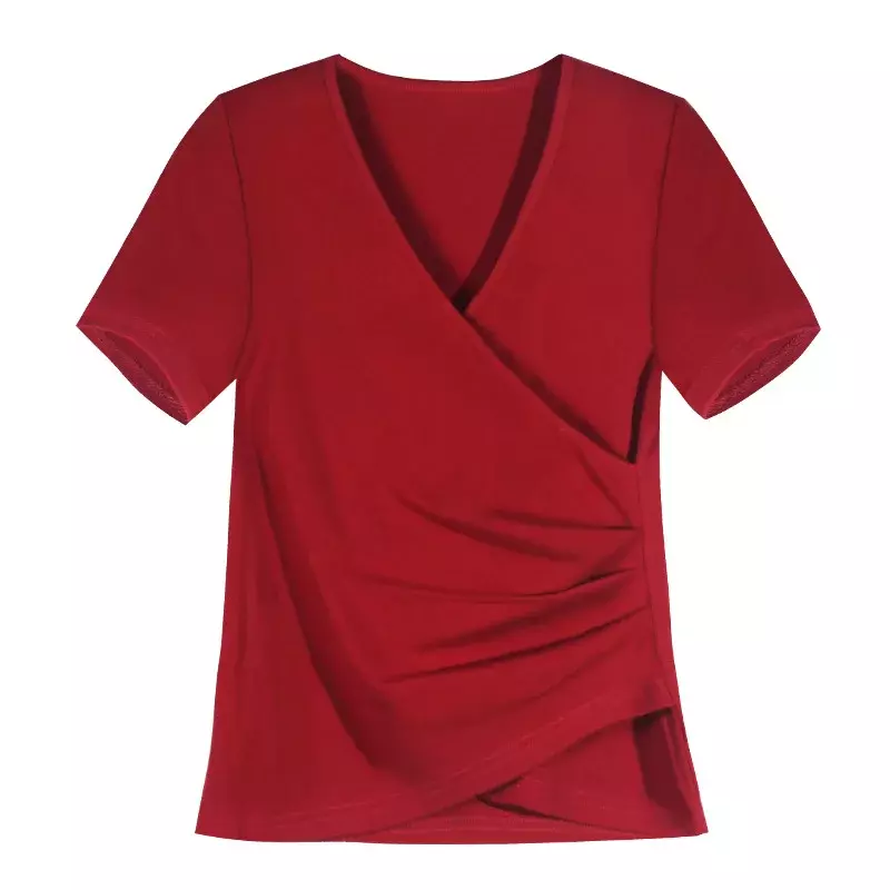 TA018-T-shirt manches courtes col en V pour femme, vintage, avec oreilles de bois, slim fit, serré, estival, 2023