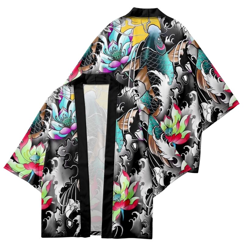 Cárdigan Haori Yukata con estampado de carpa para hombre, Kimono samurái Harajuku, ropa de calle japonesa, chaqueta Obi